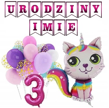 BALONY na urodziny 1-9 LAT KOTEK baner + IMIĘ