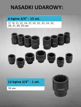 Klucze Nasadowe Udarowe 3/4'' 6-Kąt 17-50mm Walizka metalowa