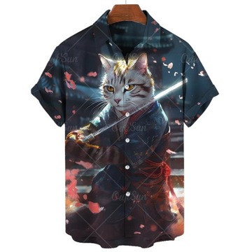 Koszula męska Hawajska 3d japoński samuraj nadruk z kotem luźne obszerna