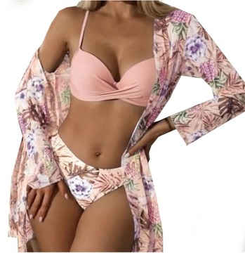 KOMPLET 3 CZĘŚCI BIKINI STRÓJ KĄPIELOWY PAREO FIGI różowy M 38 L XL XXL