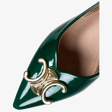 BALERINY LAKIEROWANE DAMSKIE Z OZDOBĄ NA NISKIM OBCASIE WKŁADKA SKÓRA r 39