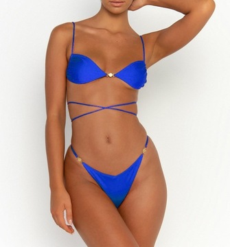 Dwuczęściowy zestaw bikini z nadrukiem w panterkę, trójkątny dekolt typu halter, wysokie wycięcie, wiązanie z boku