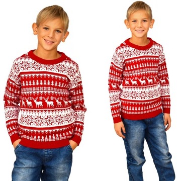 CZERWONY ŚWIĄTECZNY SWETER NORWESKI W ŚWIĄTECZNE DLA DZIECKA RENIFERY 4/5Y