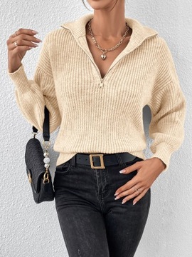 SWETEREK ZE STÓJKĄ Z ROZPINANYM DEKOLTEM LUŹNY BEŻOWY CASUAL SHEIN M 38