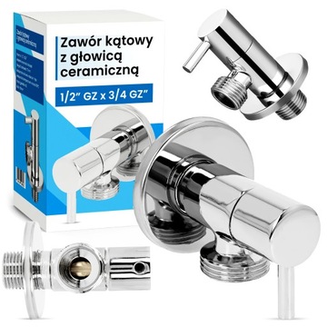 Zawór KĄTOWY 1/2x3/4 GZ Odcinający Pralki Zmywarki Baterii CERAMICZNY Wody