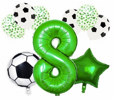 9 BALONÓW piłka nożna BALON FOLIOWY cyfra 8 OSIEM ÓSME URODZINY KONFETTI