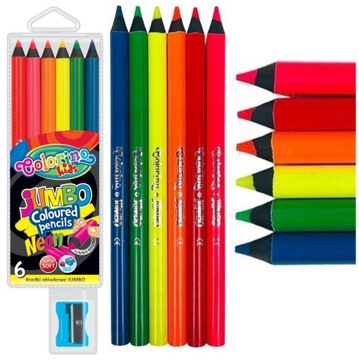 GRUBE KREDKI NEONOWE ołówkowe okrągłe COLORINO 6 kolorów + temperówka