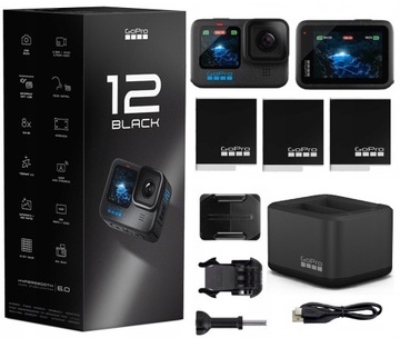 Kamera sportowa GoPro HERO 12 Black + Ładowarka + 2 dodatkowe Akumulatory