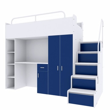 Łóżko piętrowe JSM4 80x190 cm granatowe z biurkiem - materac Cezar K2