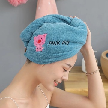 Cute Animal Embroidery Absorbent Shower Cap Coral