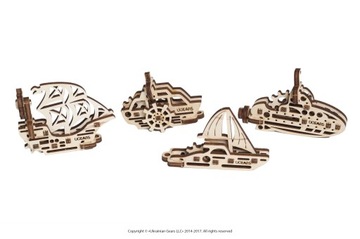 U-Fidgety Statki 4 szt mechaniczne puzzle3D UGears