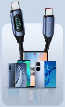 Кабель TooCKI 2 метра USB-C — C 100 Вт PD QC + LCD METER ЧЕРНЫЙ 2 метра.