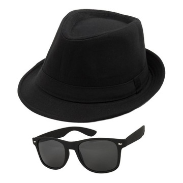 Zestaw Blues Brothers Kapelusz Trilby Okulary Nerd 58cm