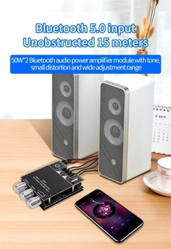 Wzmacniacz 2 x 50W regulacja basu i tonów wysokich BT 5.0 STEREO