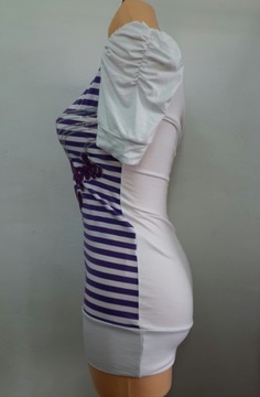 S/M 36 biała sukienka mini w fioletowe paski napis cekinowy bufki wiskoza