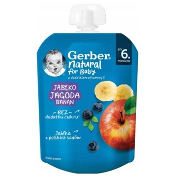 GERBER NATURAL for Baby po 6. miesiącu Jabłko Jagoda Banan Mus Tubka 80g