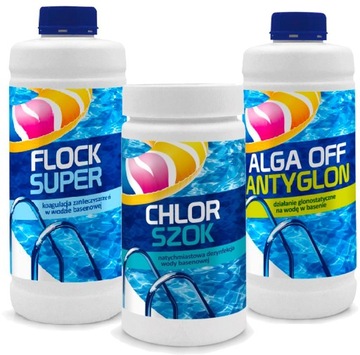 ALGA OFF ANTYGLON 1L + CHLOR SZOK + SUPER FLOCK koagulant CHEMIA DO BASENU