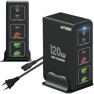 Ładowarka sieciowa 120W 6 Potrów USB Typ-C z Szybkim Ładowaniem QC 3.0 PD