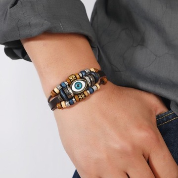 BRANSOLETKA SKÓRZANA EVIL EYE BOHO VINTAGE NASTAWNY MANKIET Z KORALIKÓW