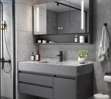 Szara toaletka łazienkowa z umywalką, lustrem z oświetleniem LED 50 120 cm