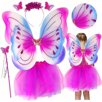 MAGICZNY STRÓJ WRÓŻKI MOTYL SKRZYDEŁKA SPÓDNICZKA OPASKA RÓŻDŻKA ZESTAW 4W1