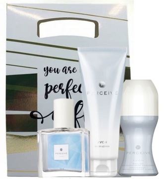 avon zestaw prezentowy PERCEIVE 4 szt woda balsam kulka torebka