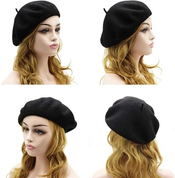 BERET DAMSKI FRANCUSKI Z ANTENKĄ STYLOWY KLASYCZNY CZARNY PREMIUM