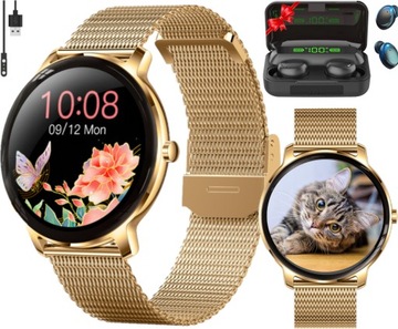 SMARTWATCH Damski Elegancki Zegarek POLSKIE MENU PULS Złoty + SŁUCHAWKI BTH