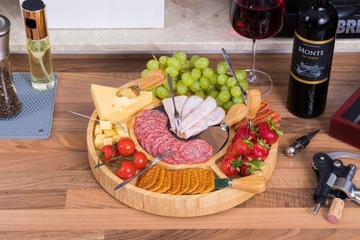 DESKA KOŁO PATERA DO SERÓW PRZYSTAWEK DESKA DO WĘDLIN PRZEKĄSEK ZESTAW NOŻY