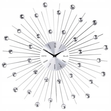 ZEGAR ŚCIENNY Z KRYSZTAŁKAMI CRISTAL KRYSZTAŁY SŁOŃCE GLAMOUR SREBRNY 50 cm