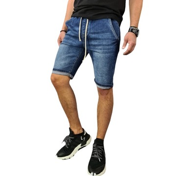 SPODENKI męskie JEANSOWE GRANAT krótkie spodnie WYGODNE PAS z GUMKĄ 029 S