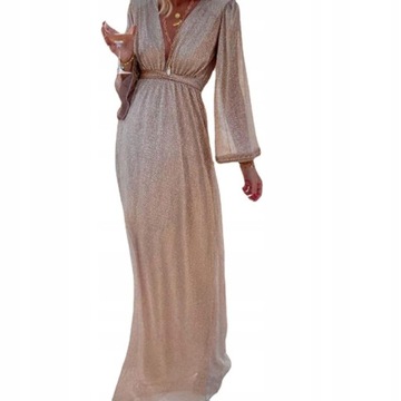 Modna sukienka cekinowa z długim rękawem V-neck