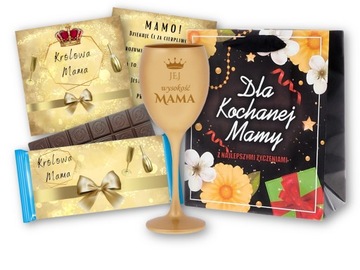 PIĘKNY! Prezent na DZIEŃ MAMY MATKI, ZŁOTY KIELISZEK, Torebka Czekolada