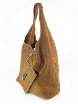 Zamszowy Worek Włoska Skóra Shopper Bag Camel