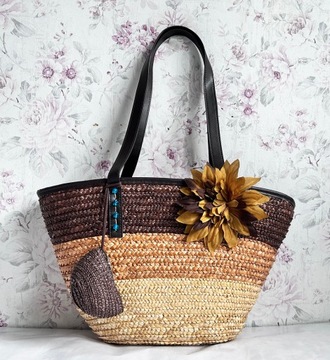 TOREBKA SŁOMKOWA KOSZYK PLAŻOWY SASZETKA BRĄZOWY HANDMADE A4