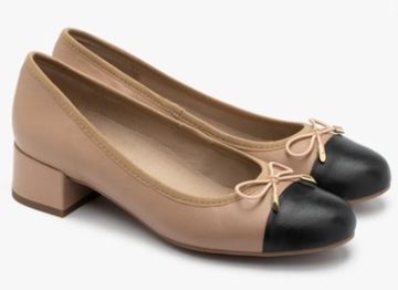Beżowo czarne czółenka skórzane damskie licowe RYŁKO wsuwane buty letnie