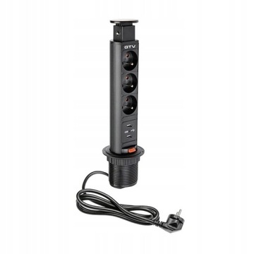 GTV GNIAZDO meblowe wpuszczane, chowane fi 60mm CZARNE 3 x 230 V + 2 x USB