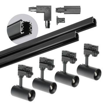 Zestaw szynowy 3 fazowy 4xLampa GU10 +1xszyna 1m +szyna 2m +łącznik CZARNA