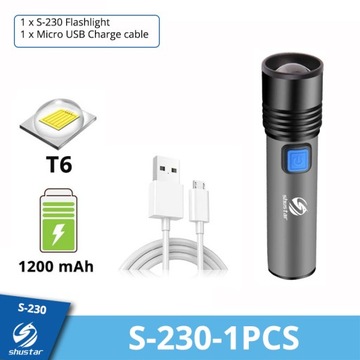 Ładowalna latarka LED USB z wbudowaną diodą LED T6