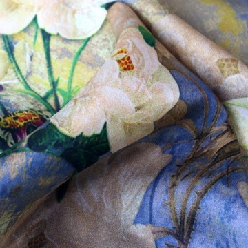 damska chustka chusta Kwiat kamelii apaszka jedwabna 100% Niebieski biały