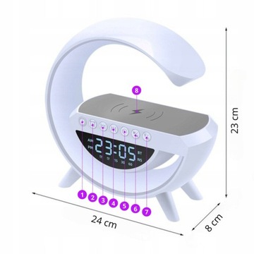 Inteligentna Lampa LED RGB Ładowarką QI Głośnik BT Radio FM Budzik 6W1