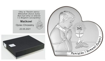 Srebrny obrazek Komunia Chłopiec Grawer Gratis 15,5x14 cm.