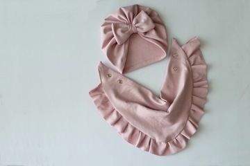 Zestaw czapka kokarda turban chusta 40-42 ok 3,5 -6 mc brudny róż wios/jes