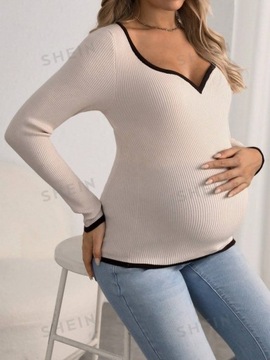 SHEIN MATERNITY SWETER BEŻOWY PRĄŻKOWANY DOPASOANY L 326