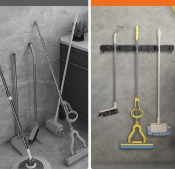 Держатель для инструментов черный короткий 3 ручки 4 крючка большой самоклеящийся Швабра