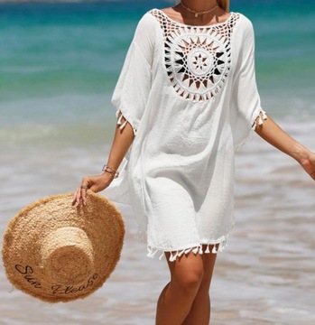 PAREO letnia sukienka plażowa NARZUTKA tunika BOHO biała frędzelki KORONKA
