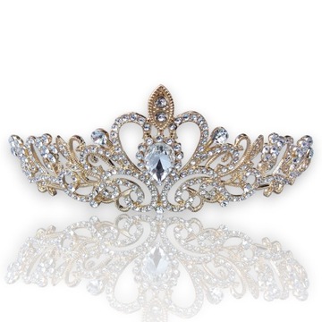 Diadem ślubny z cyrkoniami, tiara, korona metalowa, złota, 4,5 cm