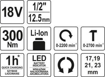АККУМУЛЯТОРНЫЙ КЛЮЧ YATO 18V 1/2'' 300NM