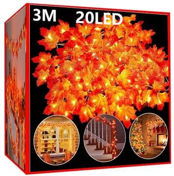 GIRLANDA ŚWIETLNA LAMPKI 20LED LIŚCIE KLONU 3M DEKORACJE JESIENNE HALLOWEEN