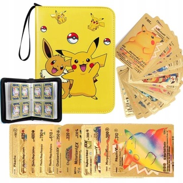 55Szt Pokemon Folia Złota kart Różne+Pikachu Album